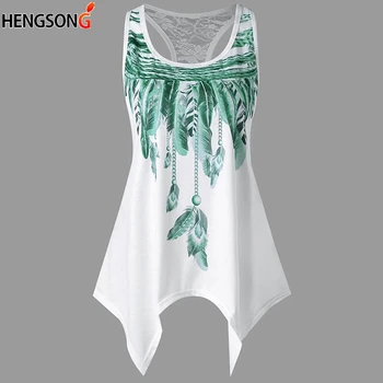

New Tank Tops Fashion Womens Casual Top Lace Panel Asymmetrical Feather Print Vest Women Femme Camisas Mujer