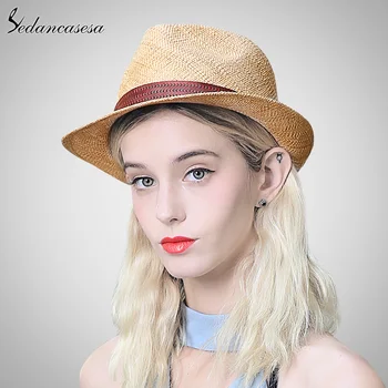 

Sedancasesa 2020 New Sun Hat for Women Men Jazz Cap Panama Floppy Hat Fedoras Summer Straw Hats Female Beach Hat SM008113