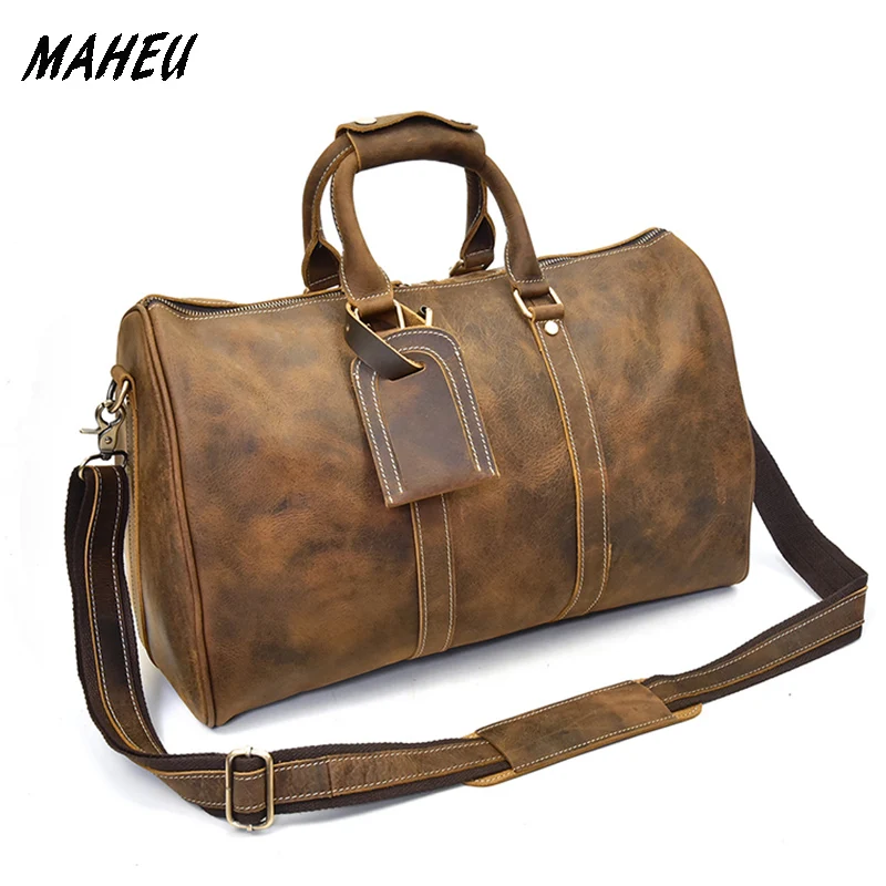 Men genuine leather travel bag 18" real leather Weekend Bag shiny real Leather Travel Luggage