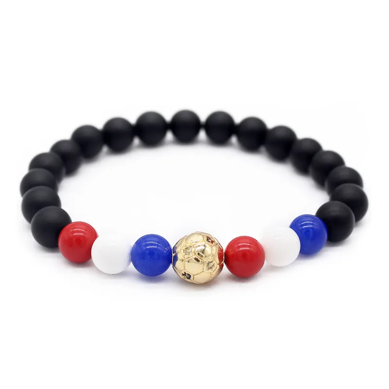 Poshfeel Gold Football Bracelet 8mm Black Stone Beaded Bracelets
