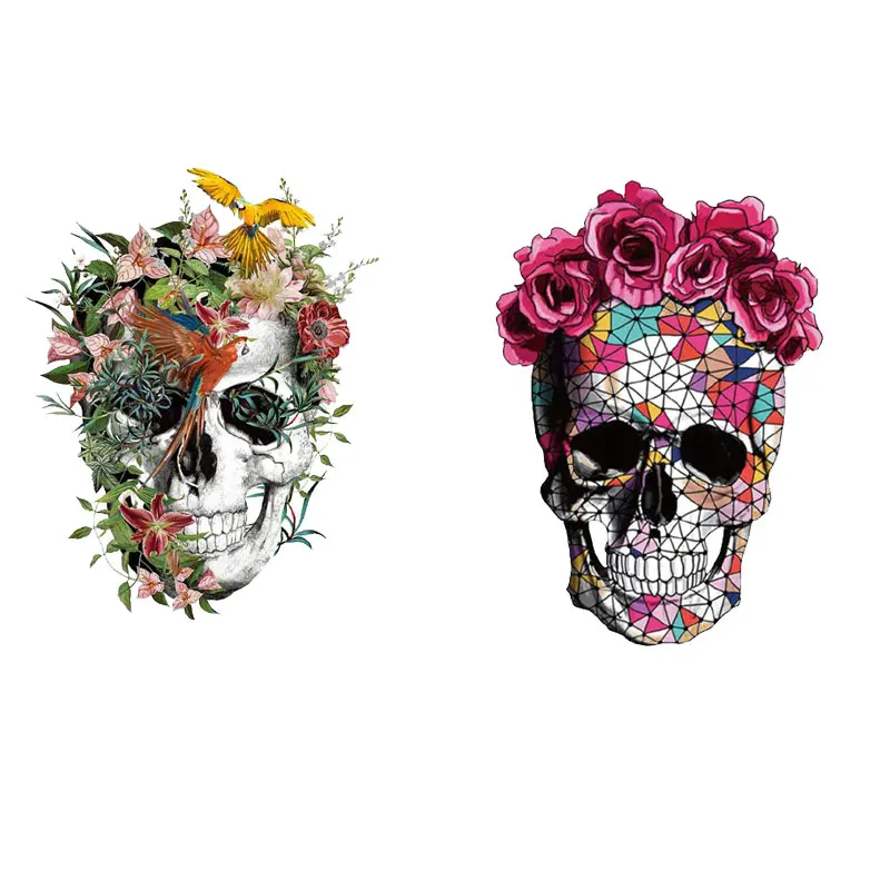 

Skull Flower Iron on Patches for Clothing Fabric Badge Stickers Clothes Jeans Washable Decoration Heat Transfer Tops Stripes E