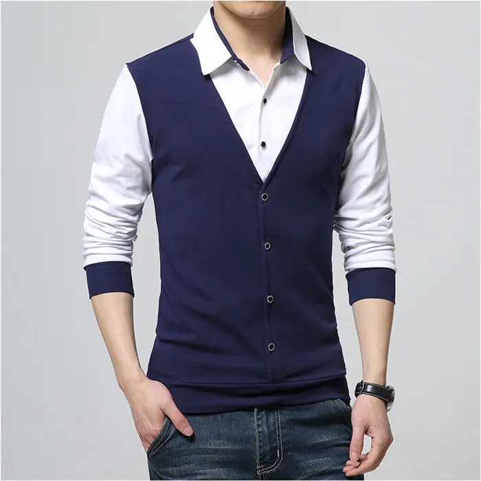 ARCSINX поло осеннее Мужская рубашка с длинным рукавом Весна поддельные два дизайнерских хлопка мужские s поло рубашки 5XL большой размер брендовая футболка для мужчин - Цвет: Тёмно-синий