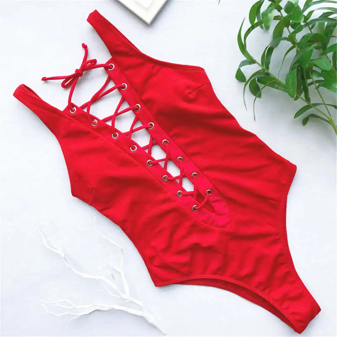 Сексуальный женский купальник на шнуровке, ребристый u-образный Цельный купальник, женский купальный костюм, купальный костюм, Дамский Монокини V1256 - Цвет: Красный