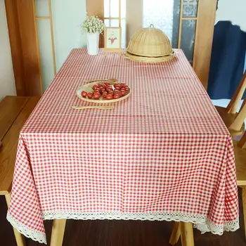 

Adeeing Tablecloth Plaid Red Table Cover Lace Edge Dining Cotton Linen Table Cloth Home Decoration