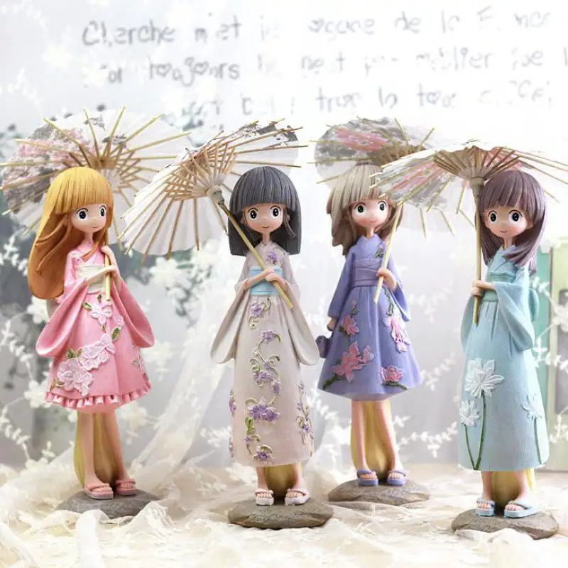 

Cartoon kawaii Umbrella Girls Figurines Japan Kimono Girl Resin Crafts Miniature Figurines Birthday Gift Statuette Decoration