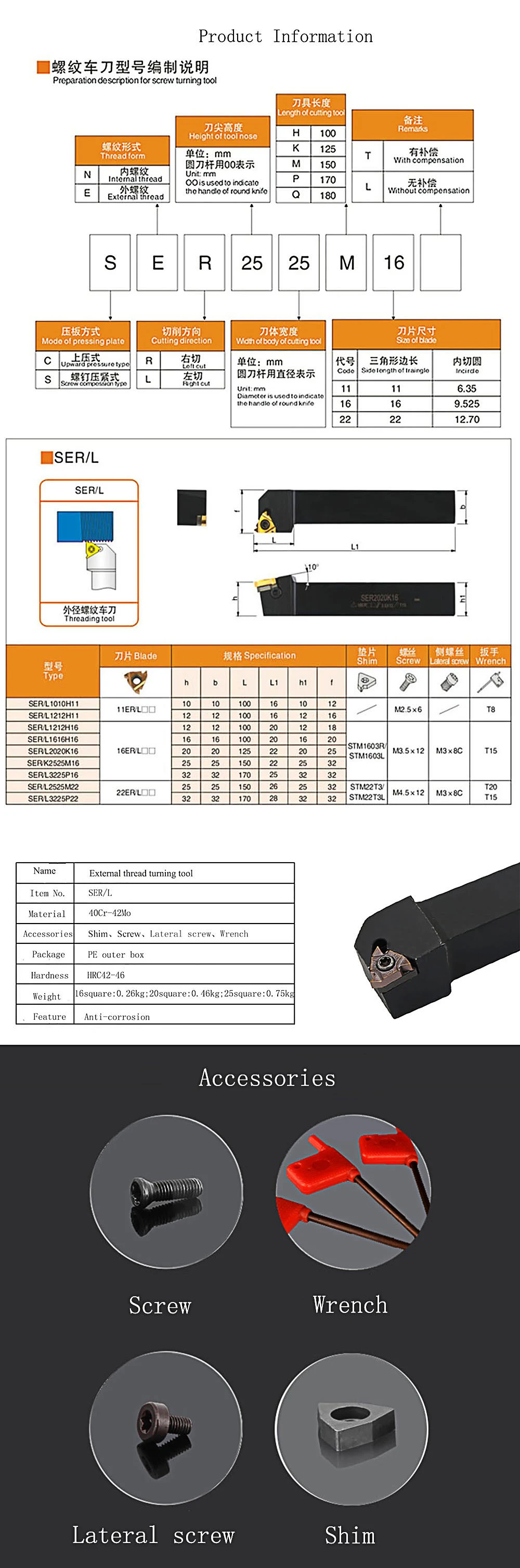 SER1212H16/SER1616H16/SER2020K16 + 16ER 0,75 3,5 ISO BAM токарный станок, обрабатывающий резак, Внешний резьбовой инструмент, Токарный держатель