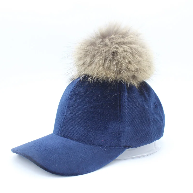 Зимние теплые шапки для женщин, бейсболки с помпонами для девушек, бейсболка с натуральным мехом енота HT51168+ 35 - Цвет: Navy