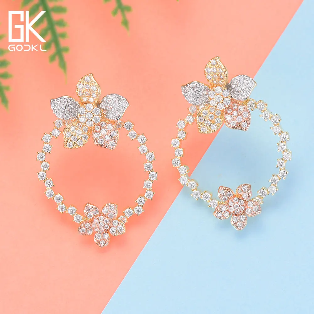 

GODKI Fashion Korean Flower Stud Earrings For Women Wedding Cubic Zirconia Crystal Bohemian Dubai Bridal Silver Stud Earrings