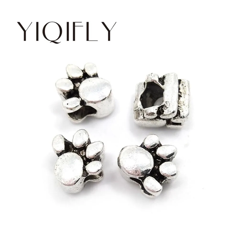 

YIQIFLY Free shipping 2017 new 50pcs 11mm Bear's paw shape antique silver color big hole alloy beads fit European bracelet DIY