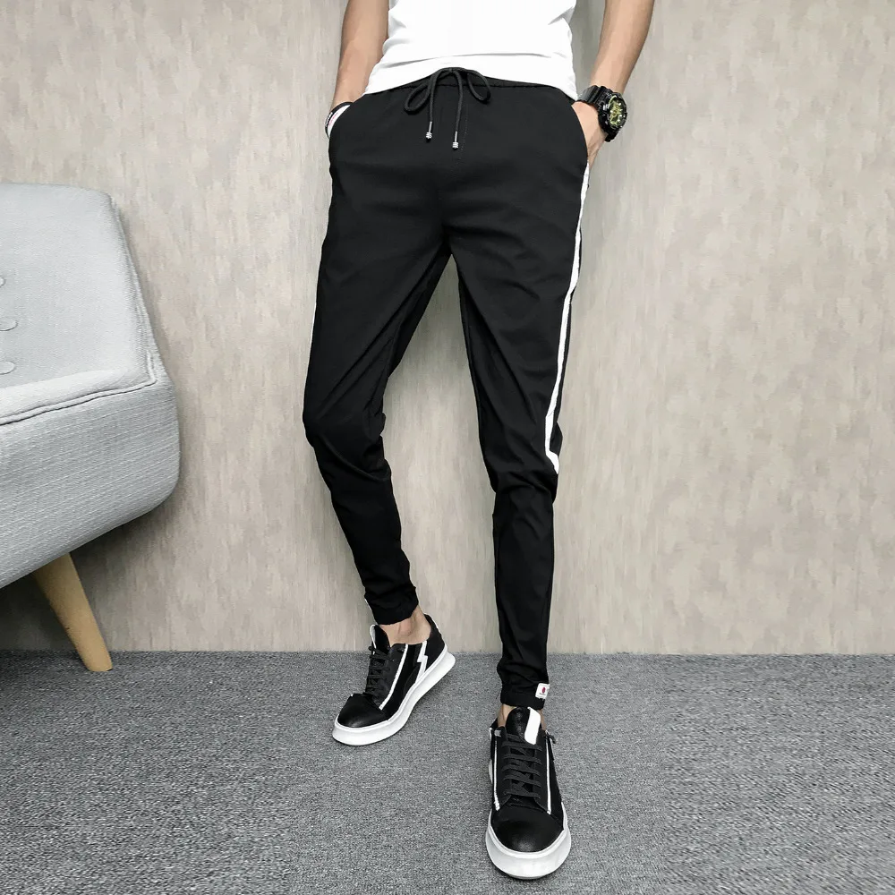 

Summer Pants Men Brand New Korean Slim Fit Side Stripe Solid Harem Pant Men Clothes 2019 Hip Hop Streetwear Trousers Men Black