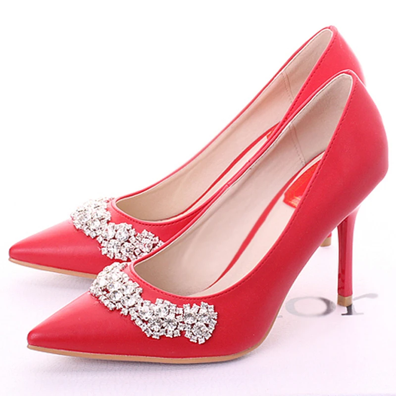 Handmade Red Color Rhinestone Bridal Dress Shoes Wedding Shoes Cow