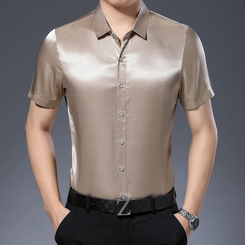 New Arrival Mens Short Sleeve Soft Silk Shirt Casual Pure Color Man ...