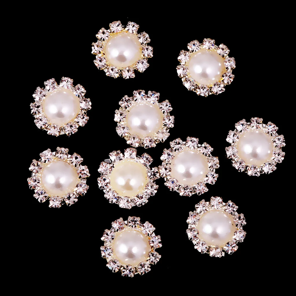 10x Diamante Flower Crystal Pearl Flatback Buttons Sewing Embellishment 13mm