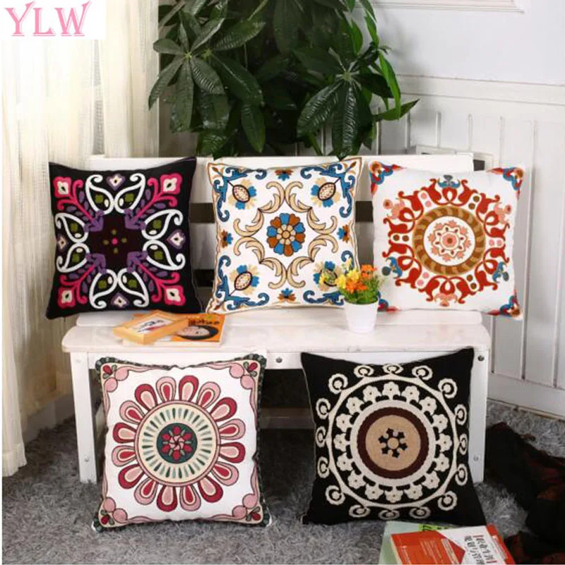 YLW Embroidery Flowers Butterfly Cushions Covers Embroidered Bohemia Style Floral Pillow Case