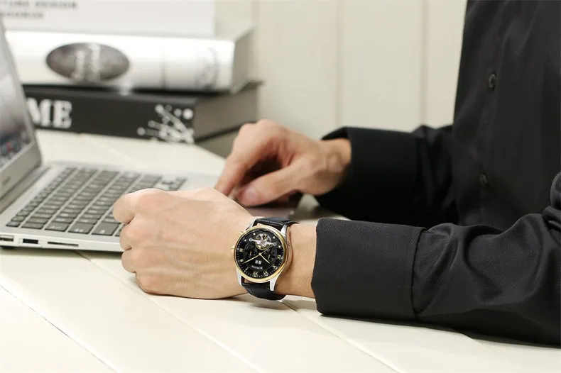 KINYUED Мужские часы-Скелетон механические Автоматические часы Tourbillon люксовый бренд Мужские наручные часы коричневый кожаный ремешок Erkek Kol Saati