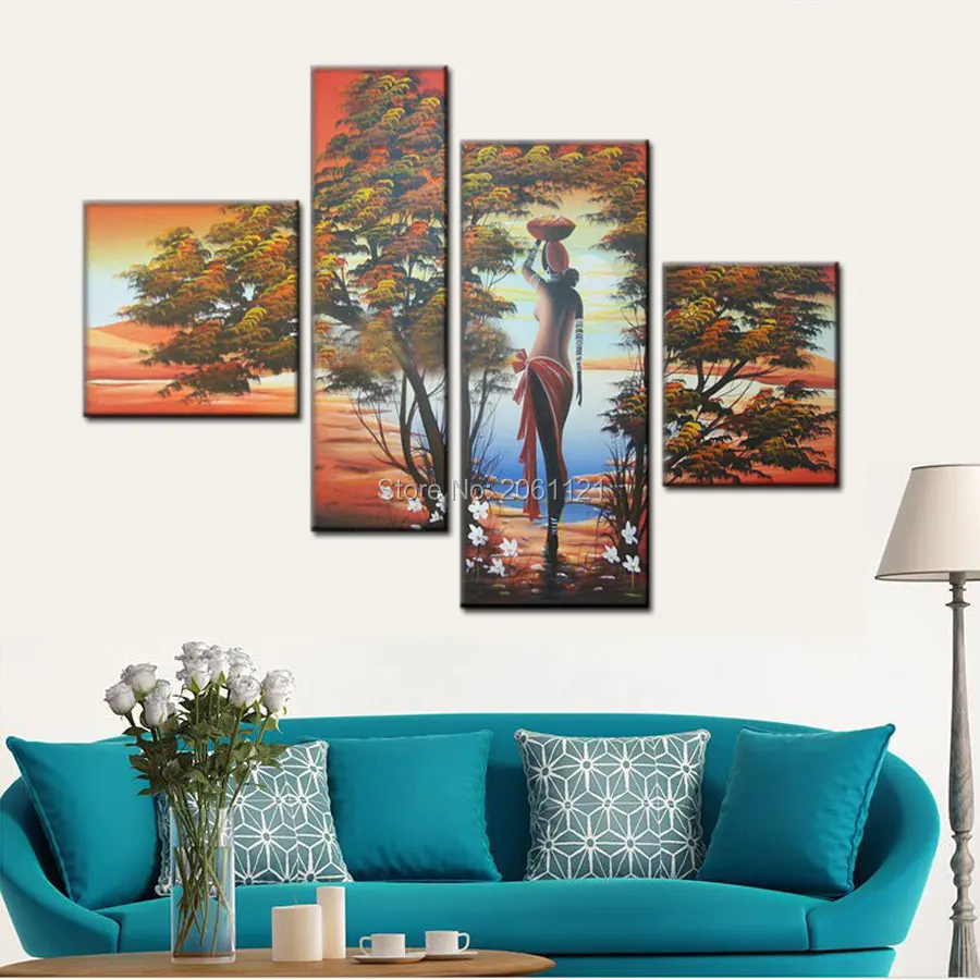 

Hand Painted Landscape Oil Painting On Canvas africa women Art Home Decoration 4 Pieces Painting sitting room Free Shipping