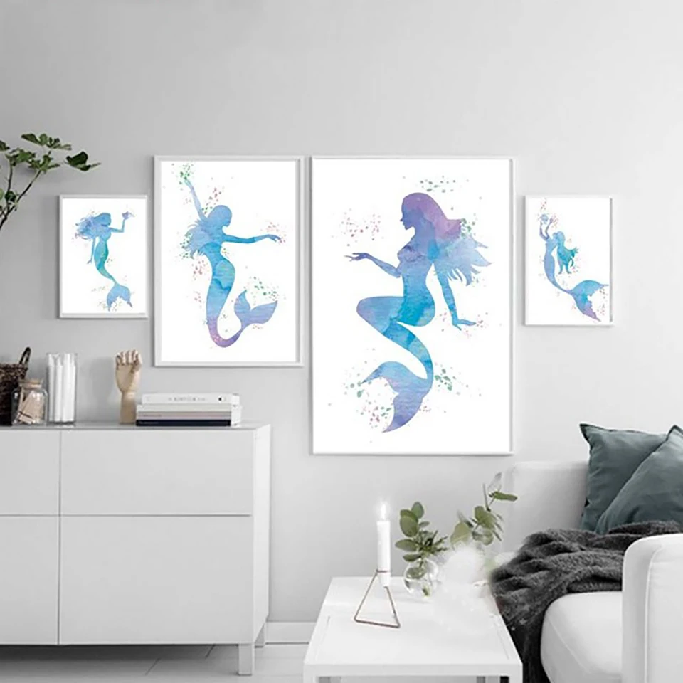 

HD Prints Picture Home Wall Art Nordic Style Modular Mermaid Poster Painting On Canvas Watercolor Artwork Living Room Decoration