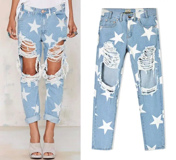 Новое поступление; женская одежда в европейском и американском стиле; Свободные мешковатые джинсы со звездами; модные джинсовые брюки