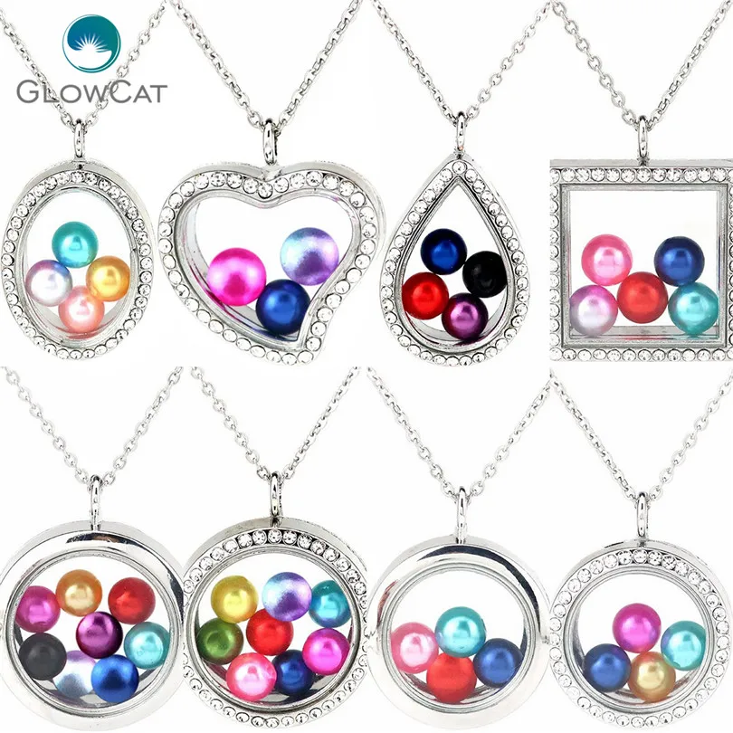 

More Style Diameter 8mm 10mm Beads Geometry Locket Pearl Cage Floating Pendant Rhinestone Necklace