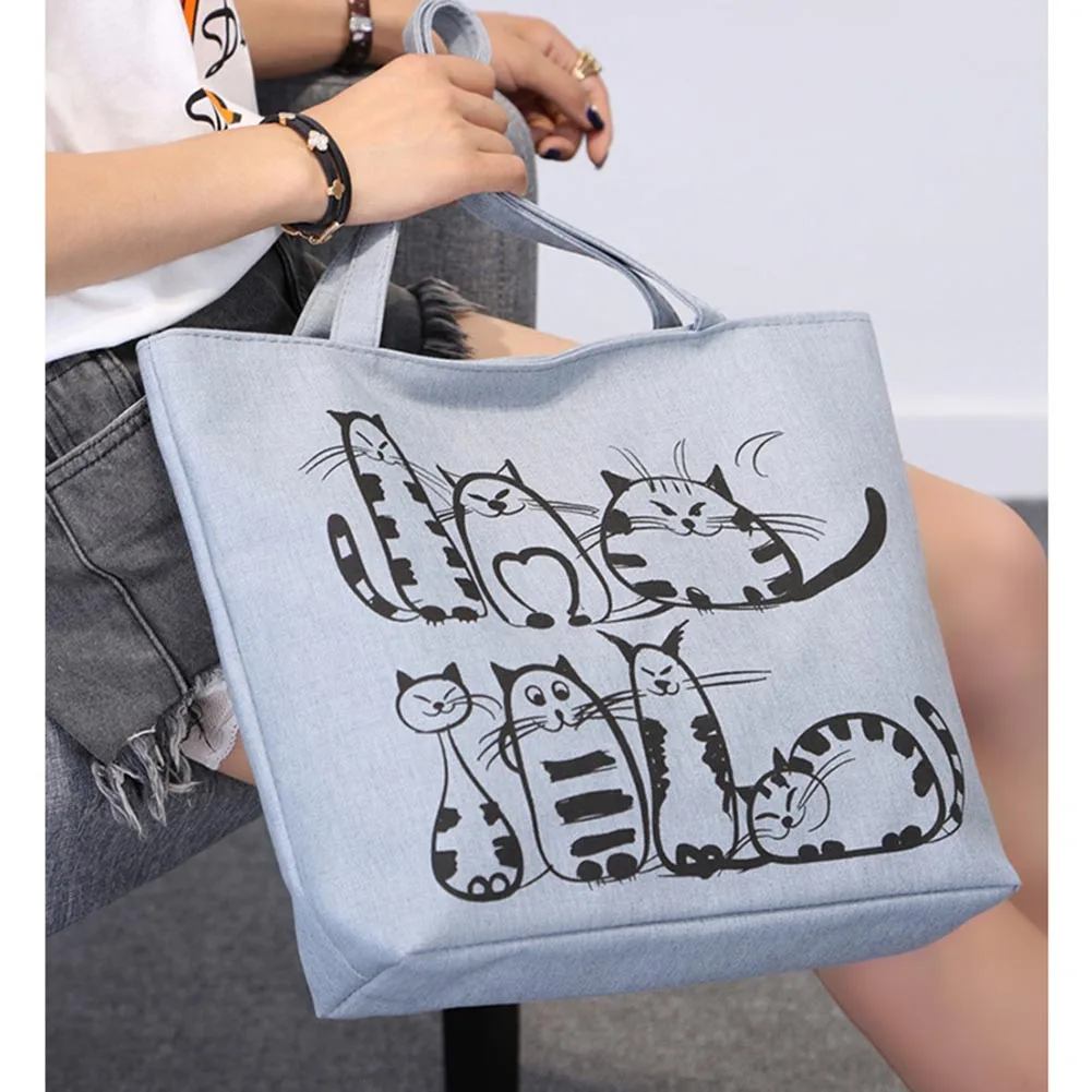 Women Shoulder Bag Cute Cartoon Cat Print CanvasZipper Casual Tote