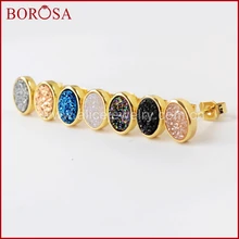 BOROSA 5/10 пар в комплекте; овальные Форма огранка золотого цвета Радужный Титан Druzy Стад серьги Высокое качество Drusy, серьги, ювелирное изделие для Для женщин ZG0278