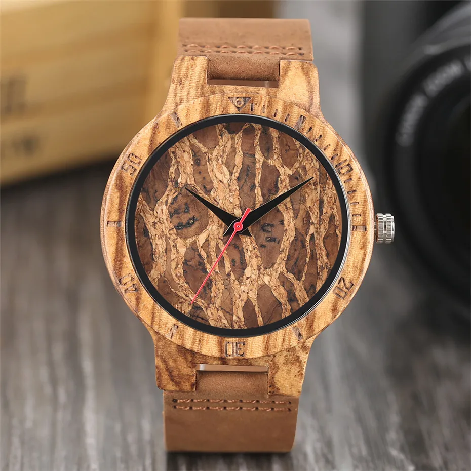 YISUYA Creative ZebraCork SlagBroken Leaves Face Nature Wood Watch Men Genuine Leather Strap Analog Women Bangle Wristwatch (6)