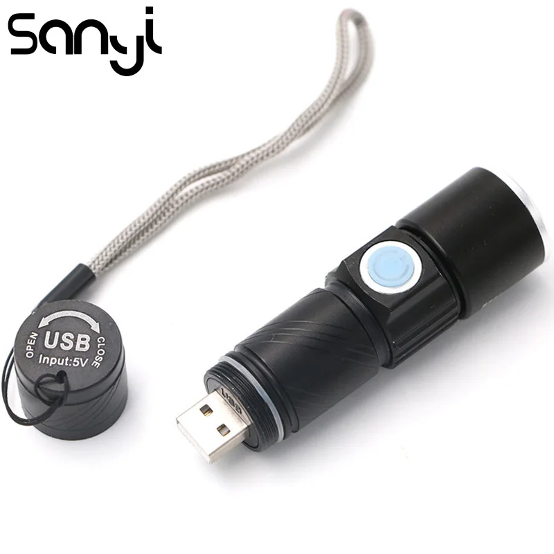 

SANYI Powerful USB Rechargeable Flashlight Handy Torch Light Portable Mini LED Lighting 3 Modes Zoom Bike Pocket Lamp