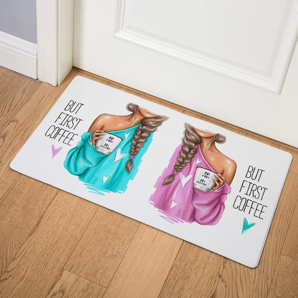 

Cute Cartoon Sexy Girl and Coffee PVC Leather Mats 46*76cm Waterproof Kitchen Carpet Entrance Non Slip Decor Floor Door M