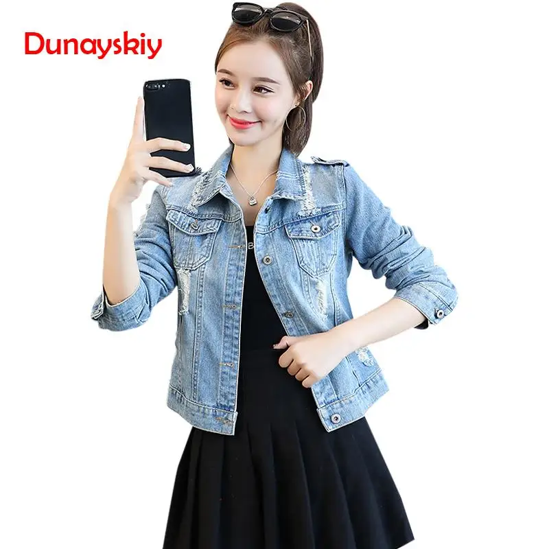 

Women Hole Denim Jacket Female Short Top Tee Long sleeve single Button Blue Spring Summer Coat 2019 New Fashion
