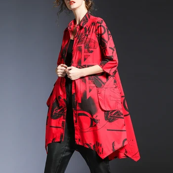 

Europe and America 2020 Spring Loose Medium-long Characteristic Print Shirt Women's Dress Irregular Middle-long Shirts and Women