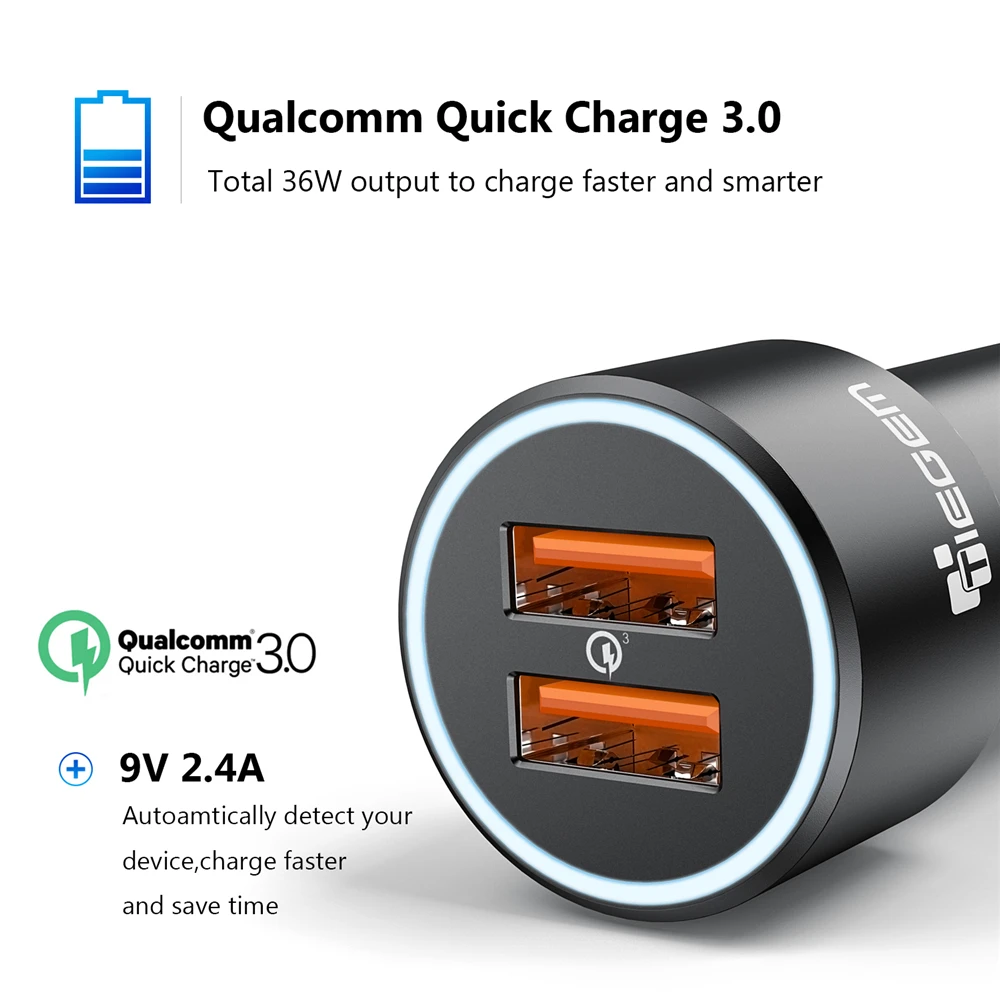 TIEGEM المزدوج USB سيارة مهايئ شاحن المعادن البسيطة سيارة-شاحن الهاتف المحمول سيارة شاحن يو اس بي السيارات تهمة QC3.0 36 واط ل سامسونج فون