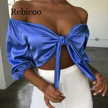 Bow Tie Off Shoulder Sexy Crop Top Women Half Sleeve Lace Up Bandage Cropped Shirt Spring Slim Short Party Tank Top Tees side lace up cropped long sleeve top