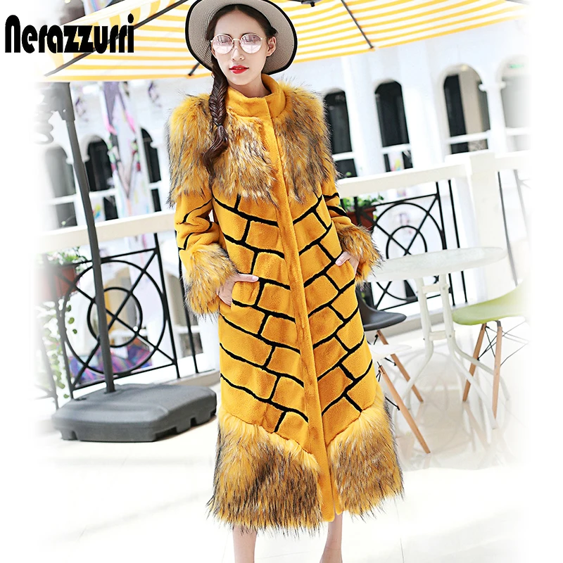 

Nerazzurri Women extra long faux fur coat yellow and black stripe overcoat patchwork fluffy colorful maxi fake fur streetwear