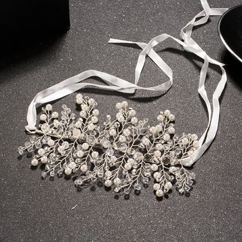 

Luxury Crystal Pearl Wedding Headbands Handmade Silver Color Bride Hairbands Tiaras Vintage Bridal Hair Accessories With Ribbon