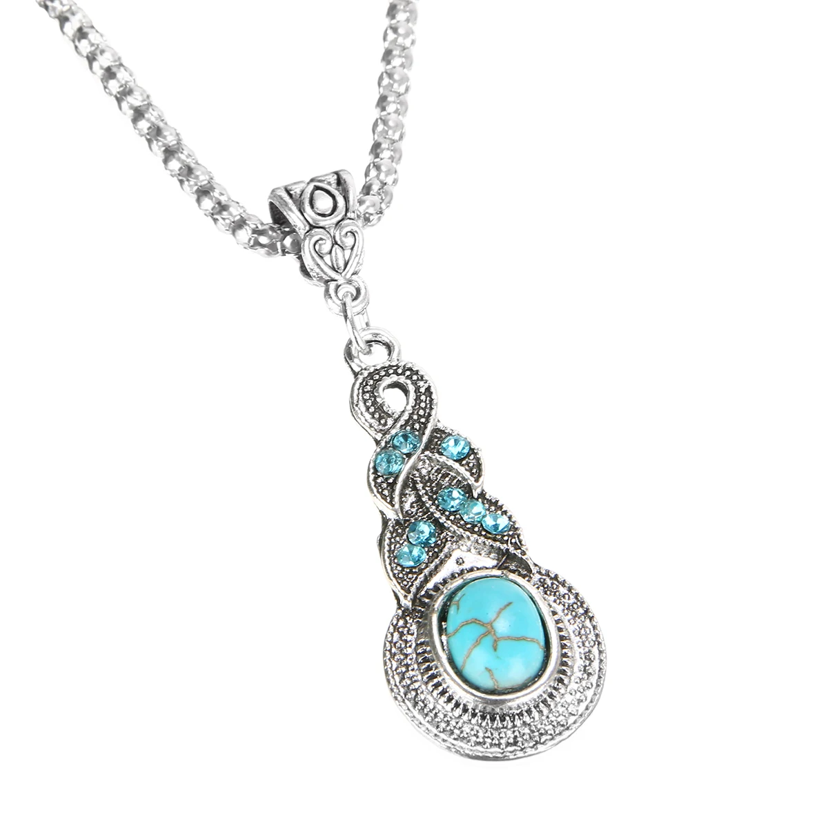 Винтажное этническое серебряное покрытое длинное ожерелье с цепочкой для свитера, ожерелье с голубым кристаллом, модное ювелирное изделие, подарки на день рождения для женщин