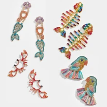 Модные очаровательные стеклянные Кристальные серьги с птицами и кисточками для женщин, роскошные стразы, серьги-капли с длинной бахромой в виде рыбки, свадебные подарки