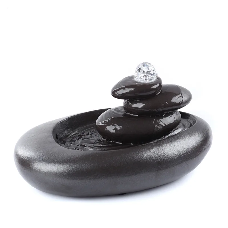 

110/220v Creative Rotating Crystal Ball Water Fountain Black Coarse Pottery Ornament Desktop Fish Tank Ceramic Craft Decor L3167