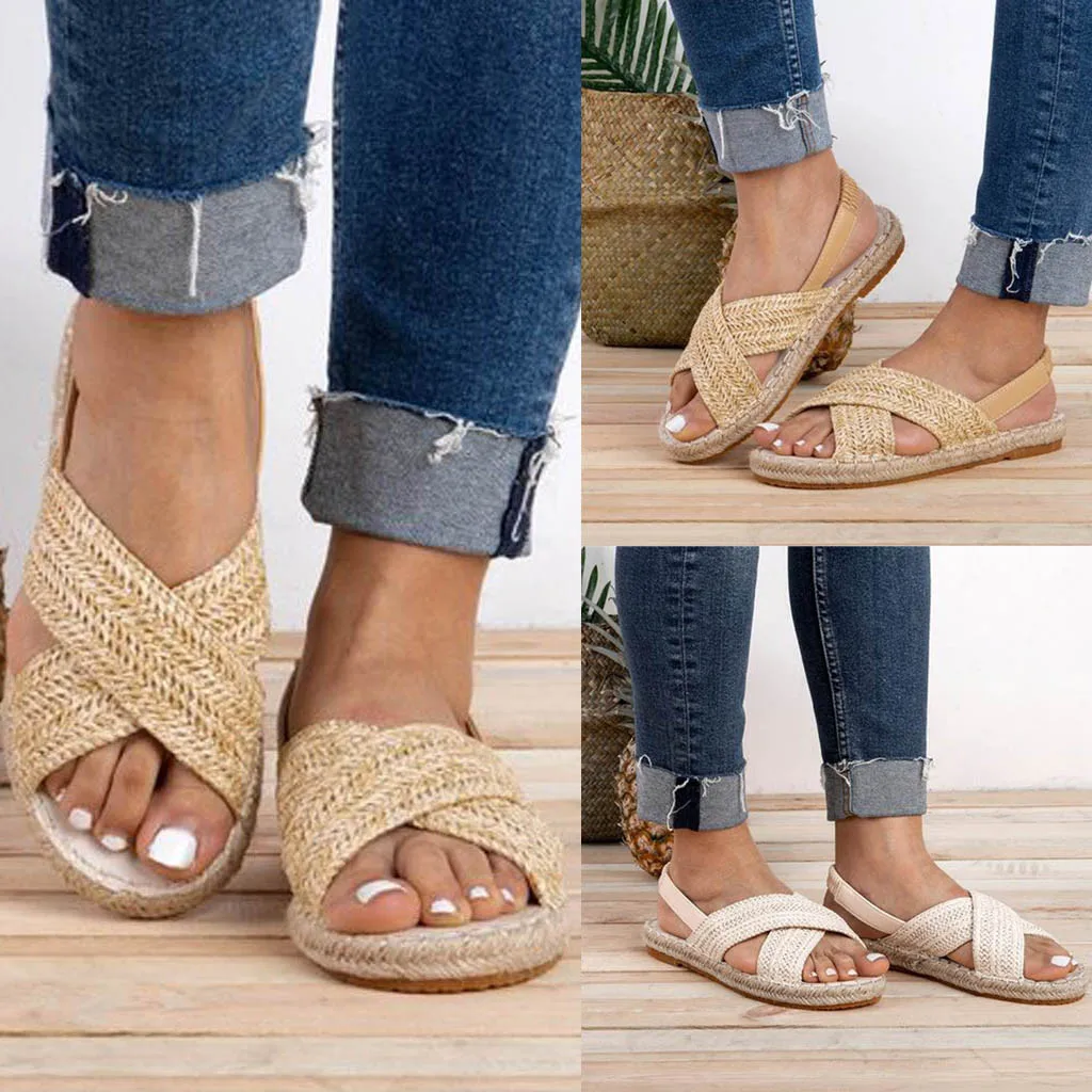 

Womens Fashion Summer Flats Straw Hemp Rope Round Toe Elastic Band Casual Shoes Roman Sandals Cane Upper Material Apr 17