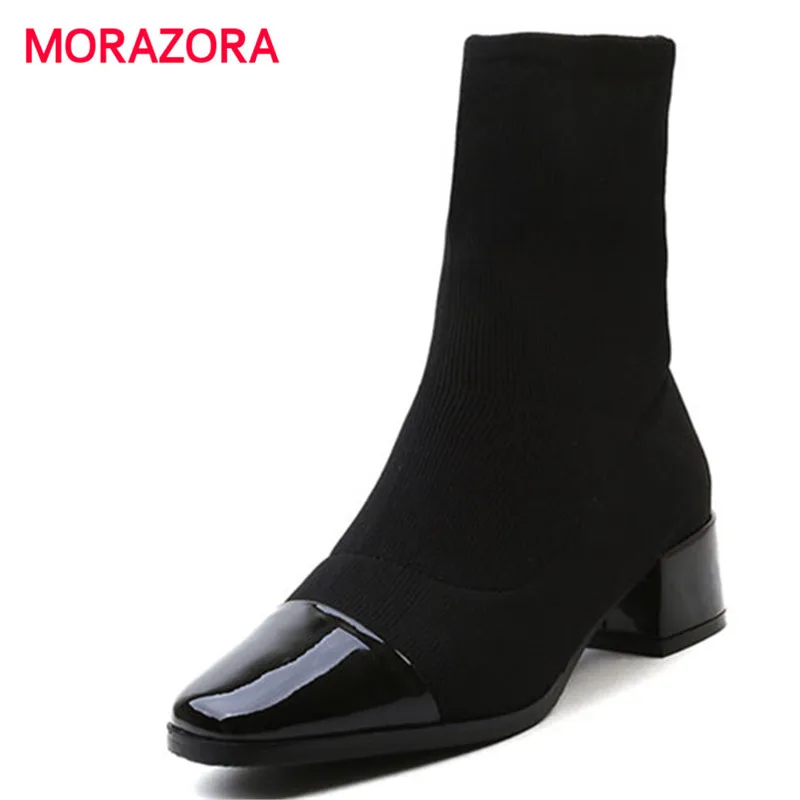 

MORAZORA big size slip on square toe med heel ankle boots autumn winter square heel boots stretch fabric+genuine leather boots