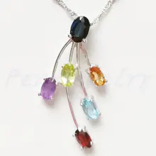 Смешанный драгоценный кулон натуральный гранат, перидот, аметист, цитрин, сапфир, голубой топаз Серебро 925 пробы# C9010101