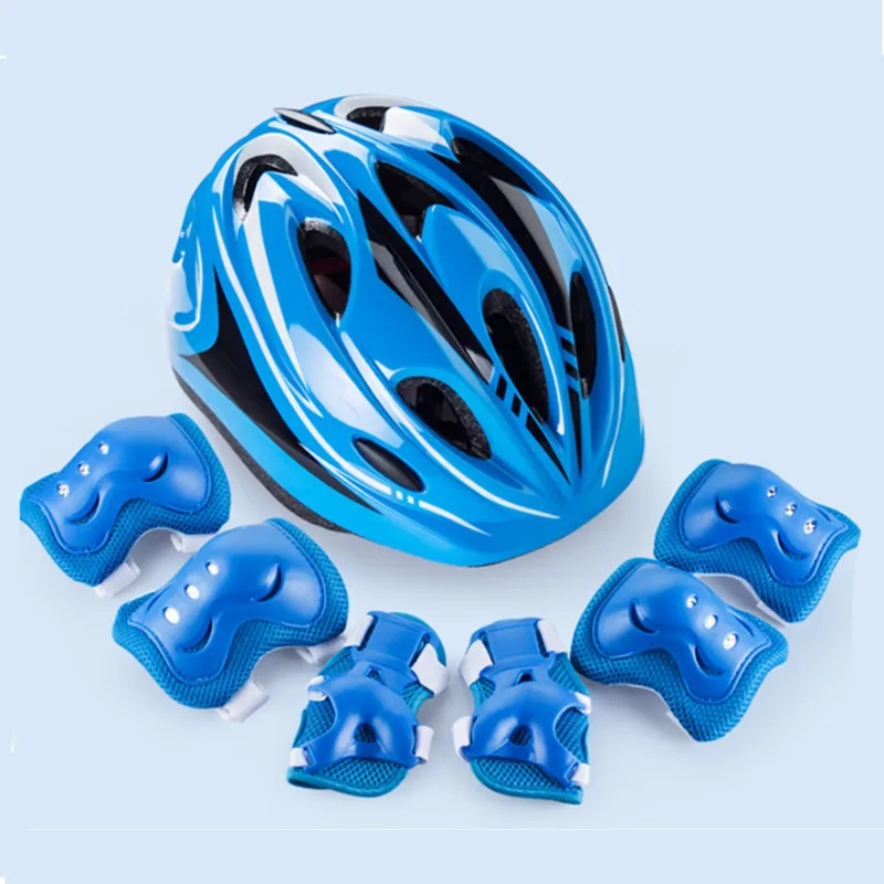 7 шт./набор, велосипедный шлем, детский, самобалансирующийся, велосипедный, роликовый, на колено, на запястье, для скейтборда, на шлем,, велосипедный шлем для детей - Цвет: Синий