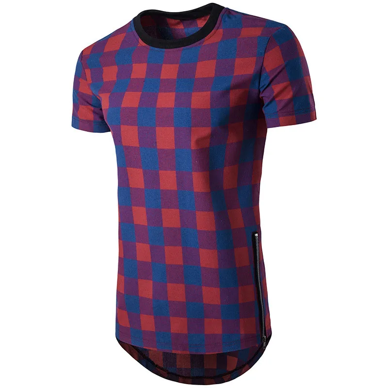 Летняя длинная Мужская футболка с коротким рукавом, хлопковая клетчатая футболка с круглым вырезом, тонкая двойная молния, мужская повседневная футболка, мужские топы, футболки, уличная одежда - Цвет: Blue