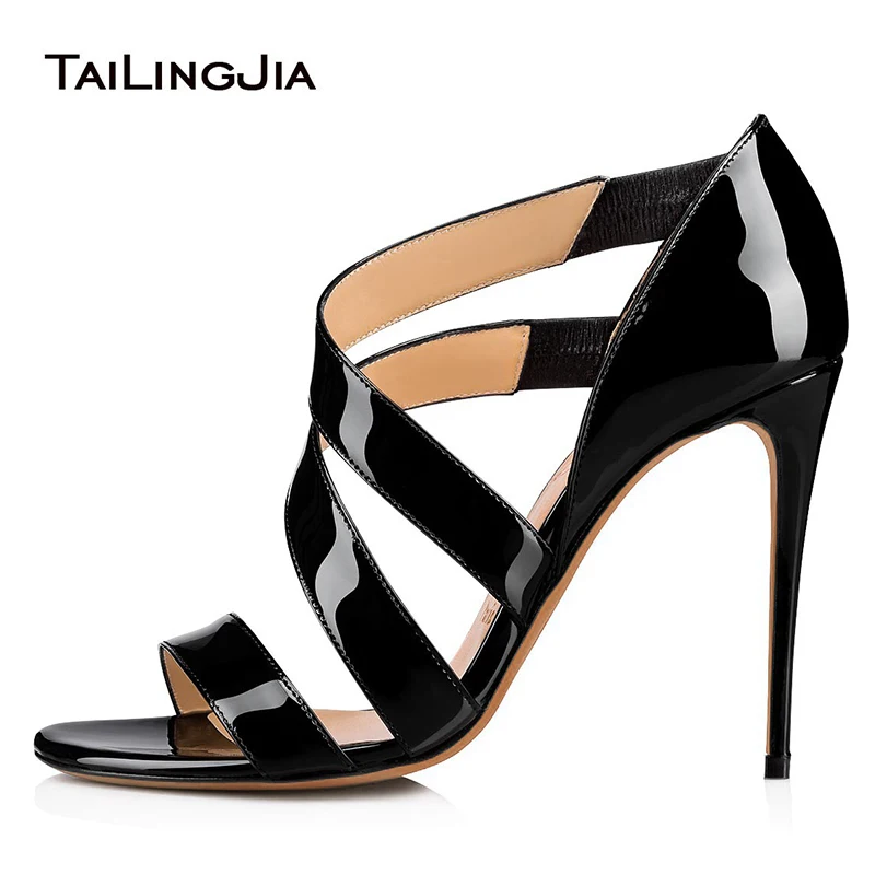 

Stylish Shiny Black Open Toe Sandals for Womens Heeled Patent Leather Nude Stiletto Heels Strappy Bride Shoes Ladies Summer 2019