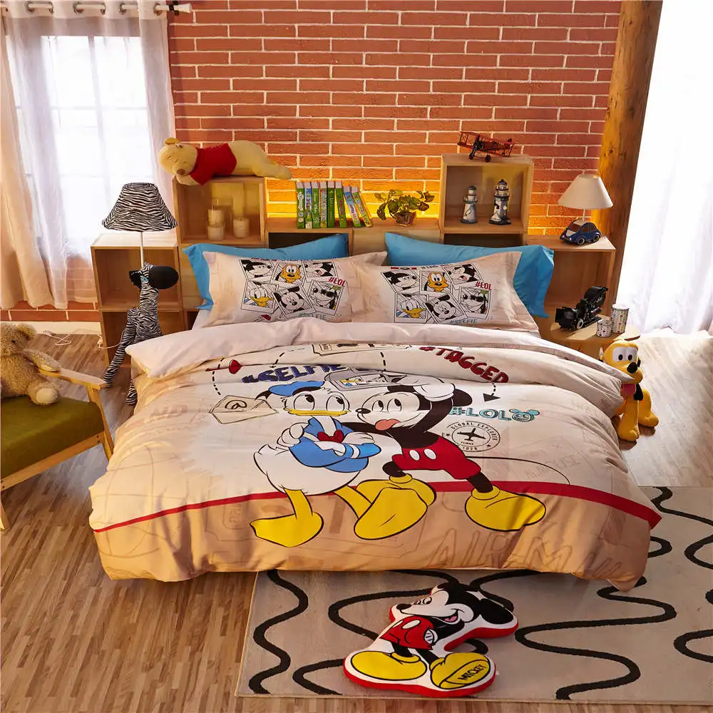 

40s kid cartoon mickey and donald duck cotton bed set single twin full queen size flat and fitted sheet sanding comforter cover