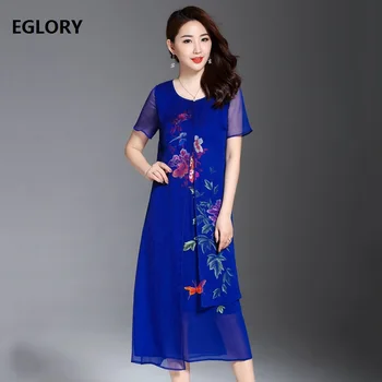 

High Quality Chiffon Dress Summer Clothing Female 2018 Women Floral Birds Embroidery Short Sleeve Blue Black Dress 1950s Style
