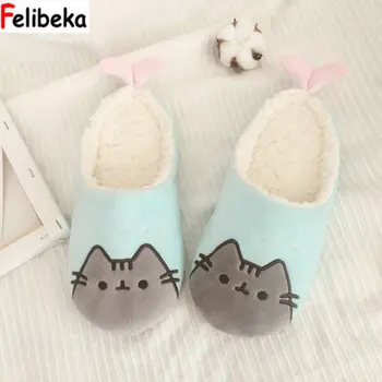 

FELIBEKA One size24.5-26 Winter new cute cartoon cat turned fish women slippers thickened warm indoor house adult girl ahoes