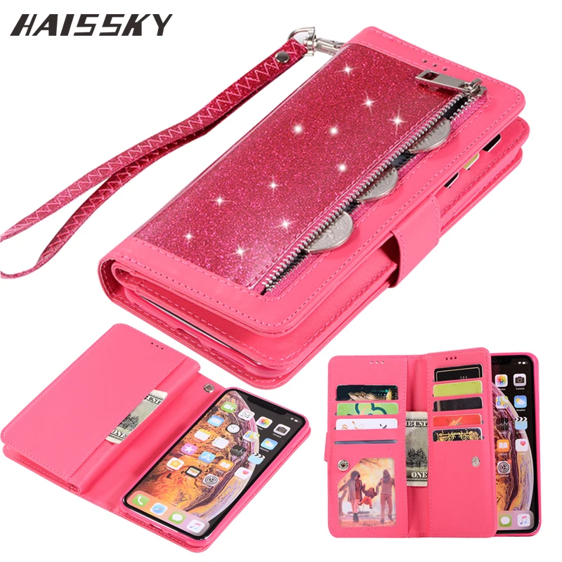Zipper Glitter Leather Case For iPhone SE 2020 6 6s 7 8 Plus Wallet Phone Case For iPhone 12 11 Pro Max X XR XS Max Flip Case