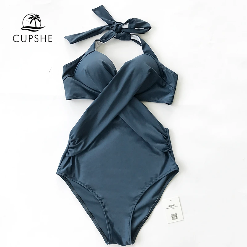 Cena Cupshe artystyczny Temperament Halter jednoczęściowy strój kąpielowy V neck Crisscross Monokini 2020 panie strój kąpielowy stroje kąpielowe