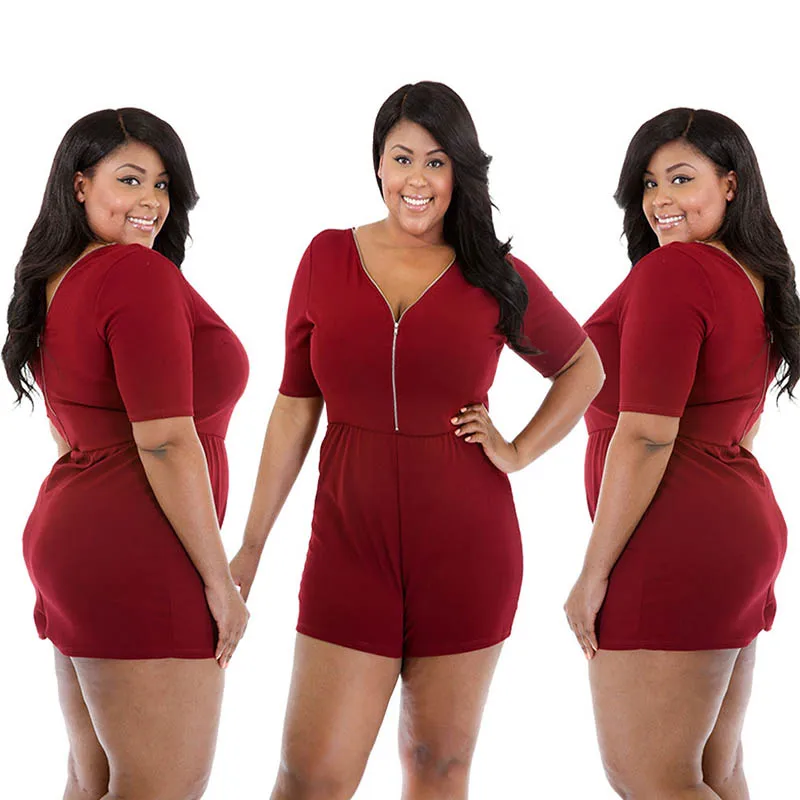 

Women Large Size Playsuit Sexy Deep V Neck Zip Up Back Zipper Short Sleeve Rompers For Ladies Spring Summer Streetwear 4XL 2019