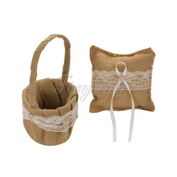 

2Pcs/set Burlap Hessian Lace Ring Pillow Cushion Girls Flower Basket Garter Decoration Wedding Set Bridal Product Supplies 002